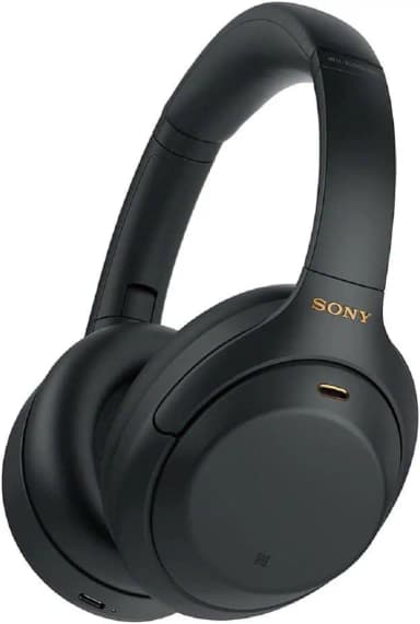 Sony WH-1000XM4 headphones, black, wireless, glasses-friendly.