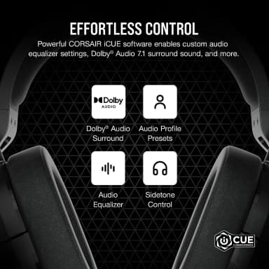 Corsair HS55 Stereo headset highlighting audio features and specs.