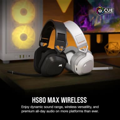 Corsair HS80 Max wireless headsets in black and white