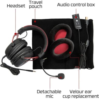 HyperX Cloud 2 headset, travel pouch, audio control box, detachable mic, and replacement ear pads.
