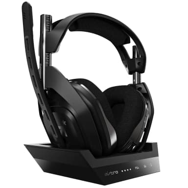 Astro A50 gaming headset resting on charging dock