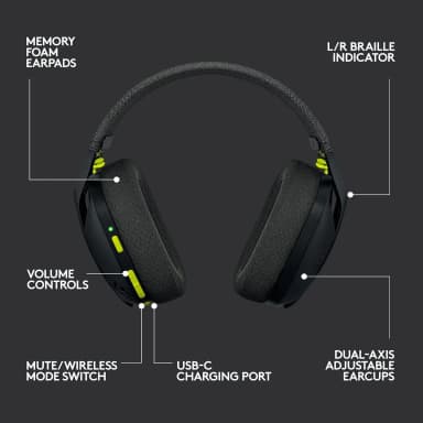 Logitech G435 Lightspeed specs highlighting memory foam earpads and USB-C port