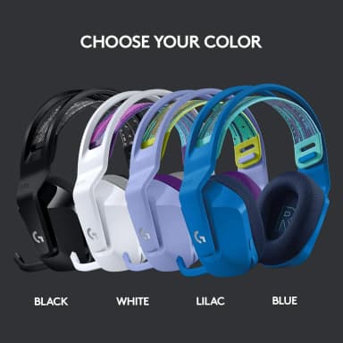 Logitech G733 gaming headset available in black, white, lilac, and blue colors
