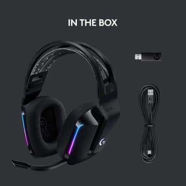 Logitech G733 headset with USB cable and dongle in the box