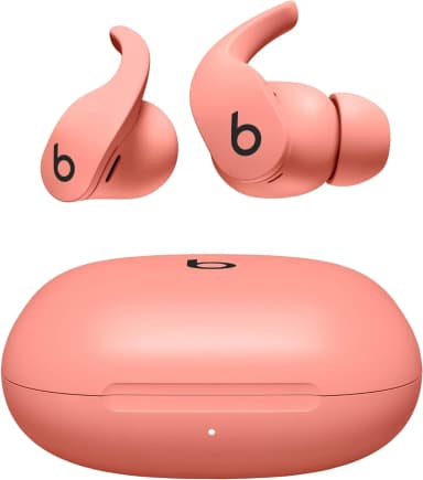 Beats Fit Pro earbuds in coral pink with charging case.