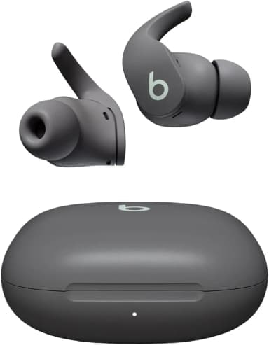Beats Fit Pro earbuds in sage gray with charging case.