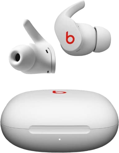 Beats Fit Pro earbuds in white with charging case.