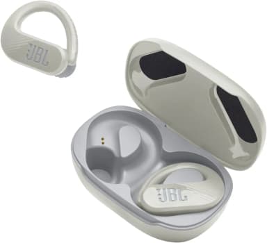 JBL Endurance Peak 3 white earbuds with charging case