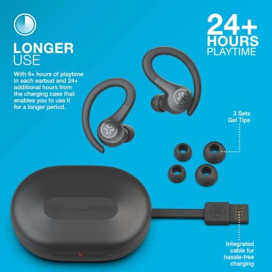 JLab Go Air Sport earbuds with 24+ hours playtime, gel tips, and charging case