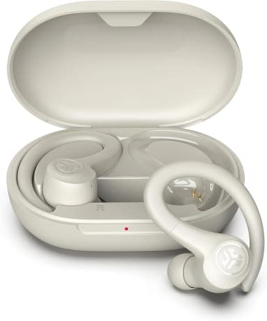 JLab Go Air Sport earbuds in sand color with charging case