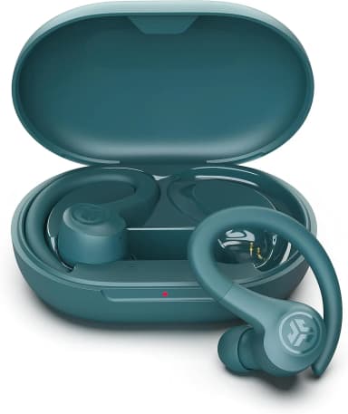 JLab Go Air Sport earbuds in teal with charging case