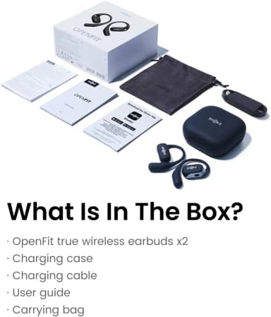 Shokz OpenFit package contents including earbuds, charging case, and guides