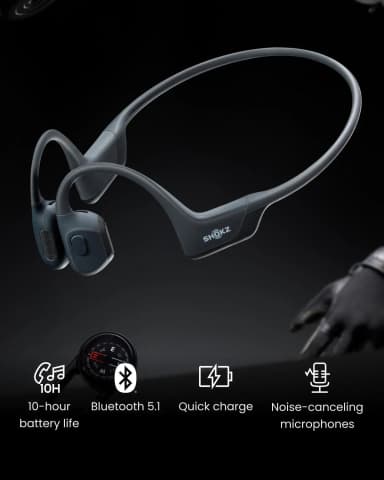 Shokz OpenRun Pro bone conduction headphones with 10-hour battery, Bluetooth 5.1, and quick charge.