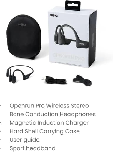 Shokz OpenRun Pro package contents: headphones, charger, case, user guide, and headband.