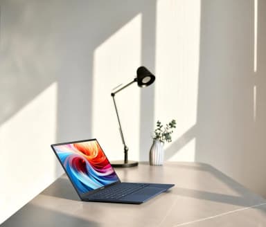 ASUS ZenBook 14 OLED placed on a desk in a well-lit room