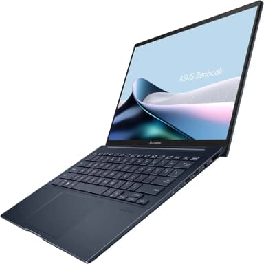 Side front view of ASUS ZenBook 14 OLED highlighting slim design and ports
