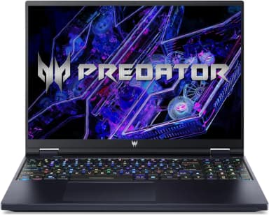 Acer Predator Helios 16 front view with RGB keyboard and Predator logo on screen.
