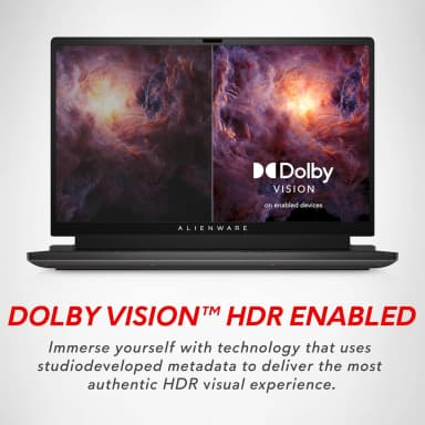 Alienware M17 R5 AMD laptop with Dolby Vision HDR enabled, showing vibrant visuals.