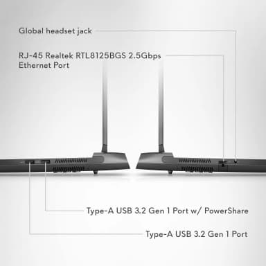 Alienware M17 R5 AMD laptop showcasing various ports including USB, Ethernet, and headset jack.