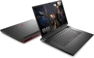 Alienware M17 R5 AMD side view with screen open, highlighting its slim profile and gaming design.