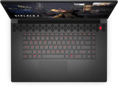 Alienware M17 R5 AMD top view displaying the keyboard layout and sleek design for gaming.