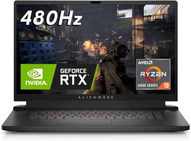 Alienware M17 R5 AMD front view featuring a high refresh rate display with GeForce RTX and Ryzen 9.