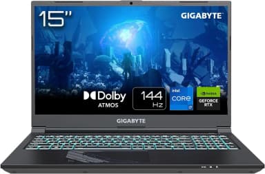 GIGABYTE G5 MF5 gaming laptop front view with specs on screen