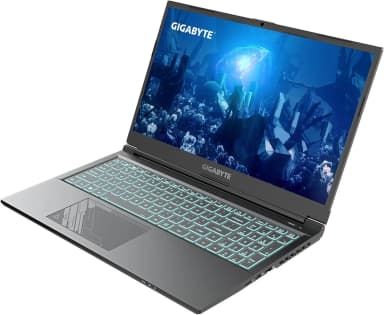 Side view of GIGABYTE G5 MF5 gaming laptop with screen open