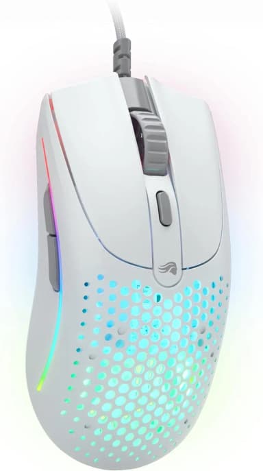 White Glorious Model O 2 gaming mouse with RGB lighting