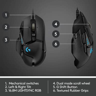Logitech G502 Hero mechanical switches and RGB lighting.