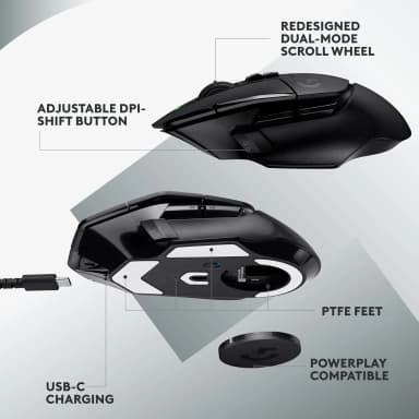Logitech G502 X Lightspeed gaming mouse with adjustable DPI-shift button and dual-mode scroll wheel