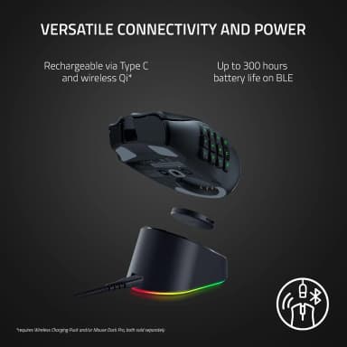 Razer Naga V2 Pro on dock with versatile connectivity and power
