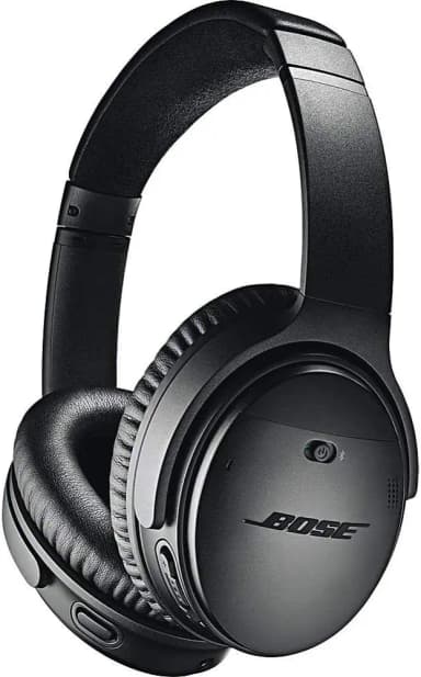 Bose QuietComfort 35 II headphones, black, wireless, glasses-friendly.