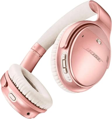 Bose QuietComfort 35 II headphones, pink, wireless, good for glasses.