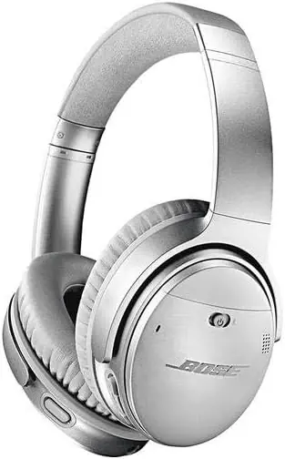 Bose QuietComfort 35 II headphones, silver, wireless, comfortable for glasses.