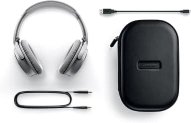 Bose QuietComfort 35 II headphones and accessories in the box, glasses-friendly.