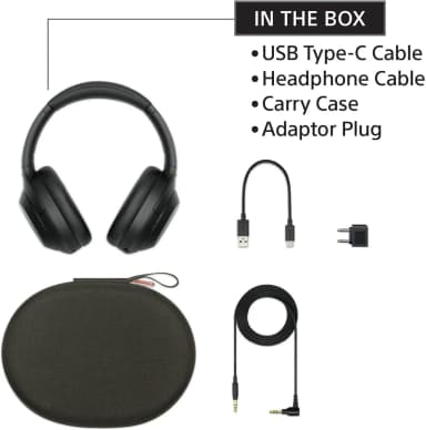 Sony WH-1000XM4 headphones with accessories in the box, glasses-friendly.