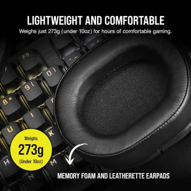 Corsair HS55 Stereo headset highlighting lightweight and comfortable memory foam ear pads.