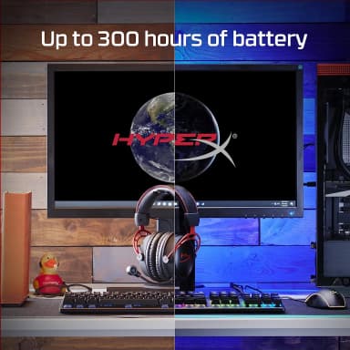 HyperX gaming setup showing 300 hours battery life
