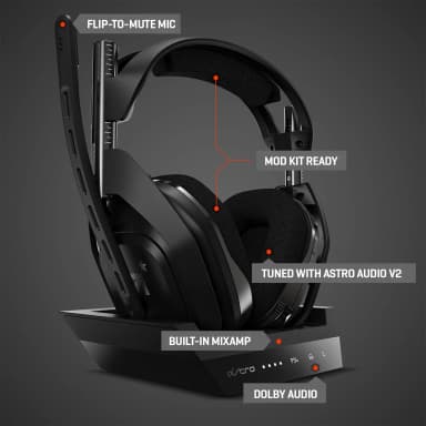 Astro A50 gaming headset on dock showing specs and features