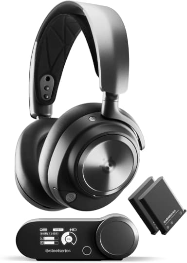 SteelSeries Arctis Nova Pro Wireless headset in black with control base