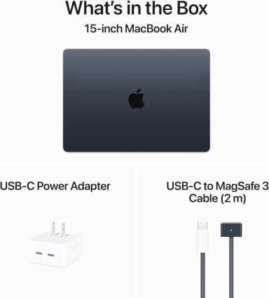Contents of Apple MacBook Air 15-inch M3 box including laptop, power adapter, and MagSafe cable
