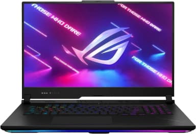 ASUS ROG Strix Scar 17 X3D front view with ROG logo on screen and RGB keyboard.