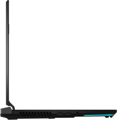 ASUS ROG Strix Scar 17 X3D side view showcasing slim profile and ports.