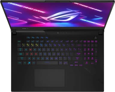Top view of ASUS ROG Strix Scar 17 X3D with RGB keyboard and large touchpad.