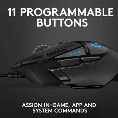 Logitech G502 Hero gaming mouse with 11 programmable buttons.